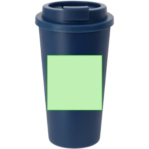 A drink bottle in navy blue with a matching lid and a blank green area on its side, featuring a logo.