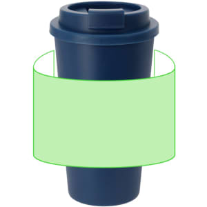 A travel mug in navy blue with a secure lid and a logo, ideal for keeping drinks insulated.