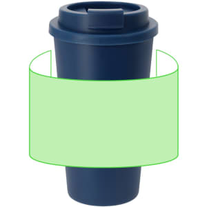 A dark blue insulated travel mug with a lid and a logo. Features a smooth body and a tapered design.