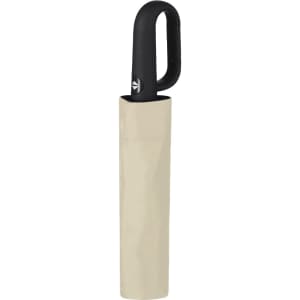 A beige umbrella with a black handle, presented in a matching sleeve, features a logo on the handle.