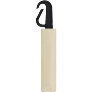 A beige umbrella with a black handle and hook, neatly folded in its cover. Features a logo.