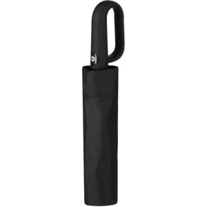 A black umbrella with a curved handle, stored in a matching black sleeve. It features a logo on the handle.