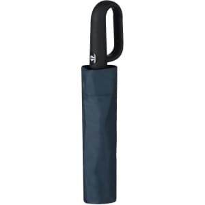 A navy blue umbrella with a black handle and a matching cover. It features a logo on the handle.