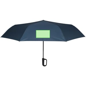 A navy umbrella with a black handle, featuring a rectangular area for custom branding.