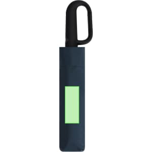 A navy umbrella in a matching cover, featuring a black handle and a branding logo.