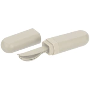 A cutlery set with a sleek, pale beige design, featuring a knife and a protective casing.