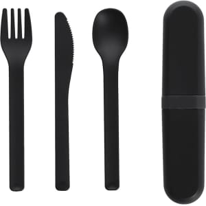 A black cutlery set featuring a fork, knife, spoon, and a compact storage case.