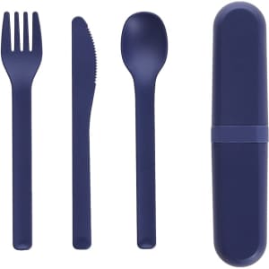 A navy cutlery set containing a fork, knife, and spoon in a matching storage case.