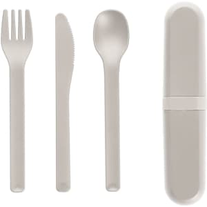 A cutlery set including a fork, knife, spoon, and a storage case in a light grey colour.
