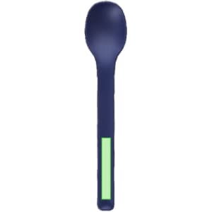 A deep navy spoon with a green accent along the handle, featuring a branded logo.