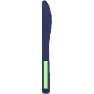 A navy blue knife with a green accent, part of the Toriah Cutlery Set. Features a logo.