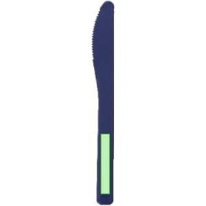 A navy blue knife with a green handle. Features a serrated edge. Includes branding.