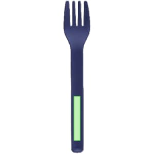 A navy blue cutlery fork with a green accent on the handle. The fork has four tines and a sleek design.