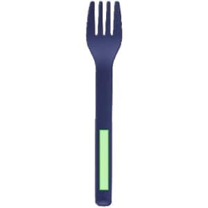 A navy fork with a green handle, featuring a logo on the side. Ideal for various dining occasions.