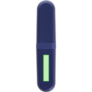 A navy blue cutlery set with a sleek design and a green accent, featuring a branding logo.