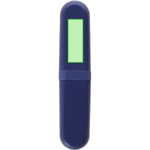 A blue cutlery case with a green rectangular area, featuring a logo. Ideal for storing utensils.