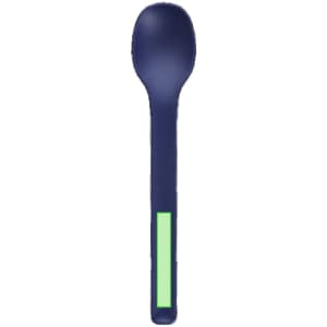 A cutlery set spoon in navy blue with a green accent. Features a sleek, modern design and has branding.