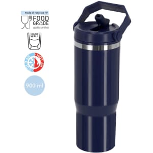A drink bottle in navy blue with a handle, featuring a double-wall design and a spout lid. It has a logo.