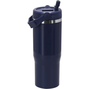 A drink bottle in navy blue with a silver band, featuring a straw and a secure lid. It has a logo.