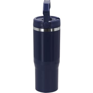 A drink bottle in navy blue with a stainless steel band and a flip-top lid. It features a logo on the side.