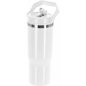 A drink bottle with a white body, silver band, and a flip-top spout, featuring a carry handle.