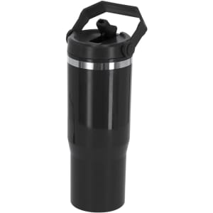 A drink bottle in black with a silver band and a handle, designed for insulation.