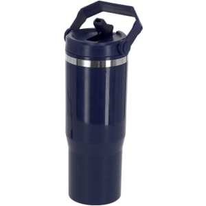A drink bottle in navy blue with a metallic band and a handle for easy carrying. It features a lid with a spout and branding.