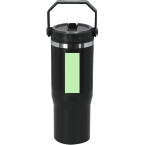 A drink bottle in black with a handle and a green panel, featuring a logo on the body.