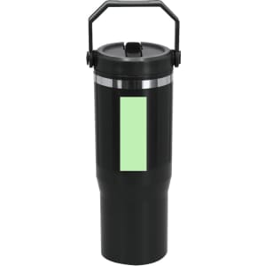 A drink bottle featuring a black body with a stainless steel accent and a carry handle. It has an empty space for custom branding.