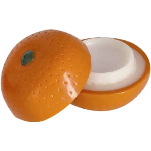 An orange-themed lip balm container, featuring a glossy orange exterior and a white inner reservoir.