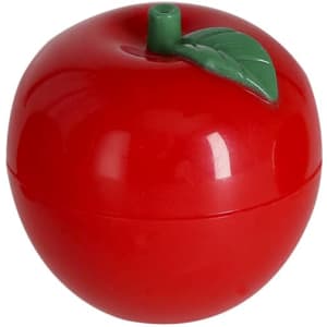 A red apple-shaped container with a green leaf on top, designed for lip balm storage. It features a logo.