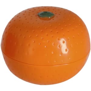 An orange spherical lip balm container with a textured surface and a green accent on top.