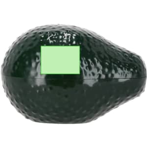 A green avocado-shaped lip balm container with a textured surface and a label area.