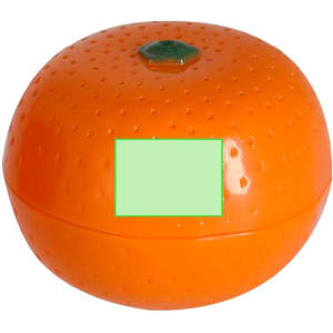 An orange lip balm container shaped like a fruit, featuring a glossy surface and a green top button.