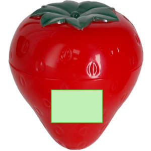 A red lip balm container shaped like a strawberry, featuring a green leafy top and a logo.