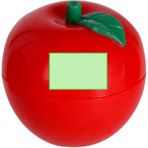 A bright red apple-shaped lip balm container with a green leaf on top. It features a logo but no visible text.