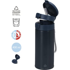 A drink bottle featuring a navy blue design, double wall, stainless steel construction, and a built-in straw.