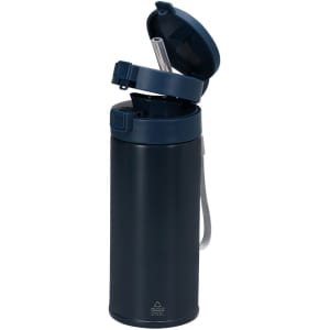 A drink bottle in navy blue with a flip-top lid and integrated straw, featuring a logo.