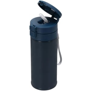 A drink bottle in navy blue with a flip-top lid and a straw, featuring a carry strap and a branding logo.