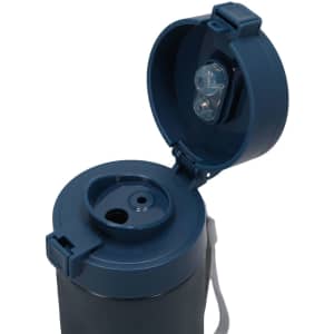 A drink bottle with a dark blue lid, featuring a flip-top design for easy access. It has a logo on the side.