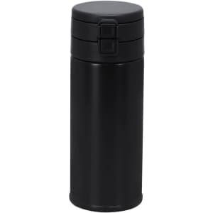 A drink bottle in matte black with a secure lid and sleek design, featuring a logo.