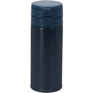 A drink bottle in dark navy, featuring a secure, hinged lid and a sleek cylindrical design. It has a logo on the front.