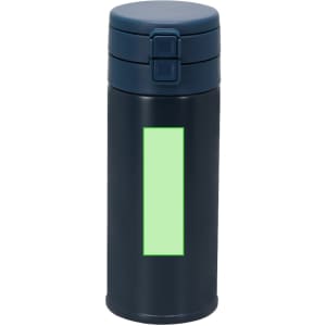 A drink bottle featuring a navy exterior with a green panel and a secure lid. It includes a logo on the surface.