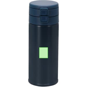 A drink bottle in navy blue with a green rectangle on the front, featuring a locking lid mechanism.