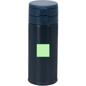 A drink bottle featuring a navy blue insulated design with a green square and a lid. It includes a logo.