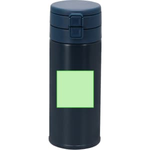 A drink bottle in navy blue with a green square area for customisation. Features a secure lid and insulated design.