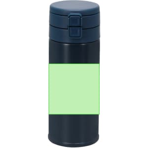 A drink bottle in navy blue with a green label area and a secure lid. Features a logo on the front.