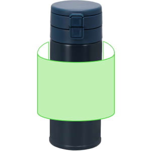 A drink bottle featuring a dark blue exterior with a secure lid, designed for insulation. It has a branding logo.