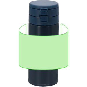 A drink bottle featuring a dark blue exterior and a secure lid, with an area obscured for branding.