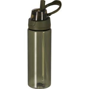 A drink bottle in olive green with a straw lid and a handle, featuring a sleek, transparent body.